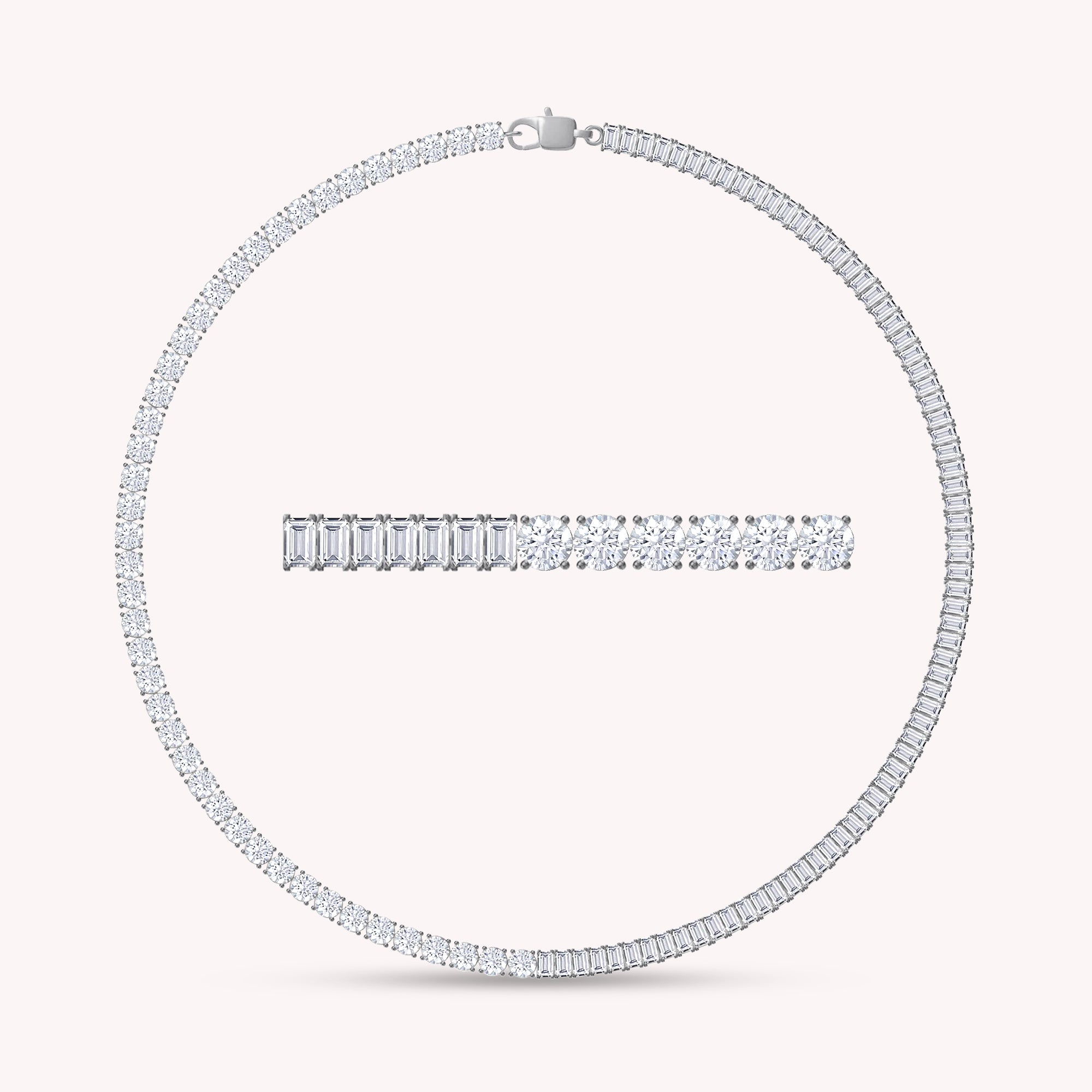 Half & Half Round And Baguette Shape White Cubic Zirconia Tennis Chain Necklace