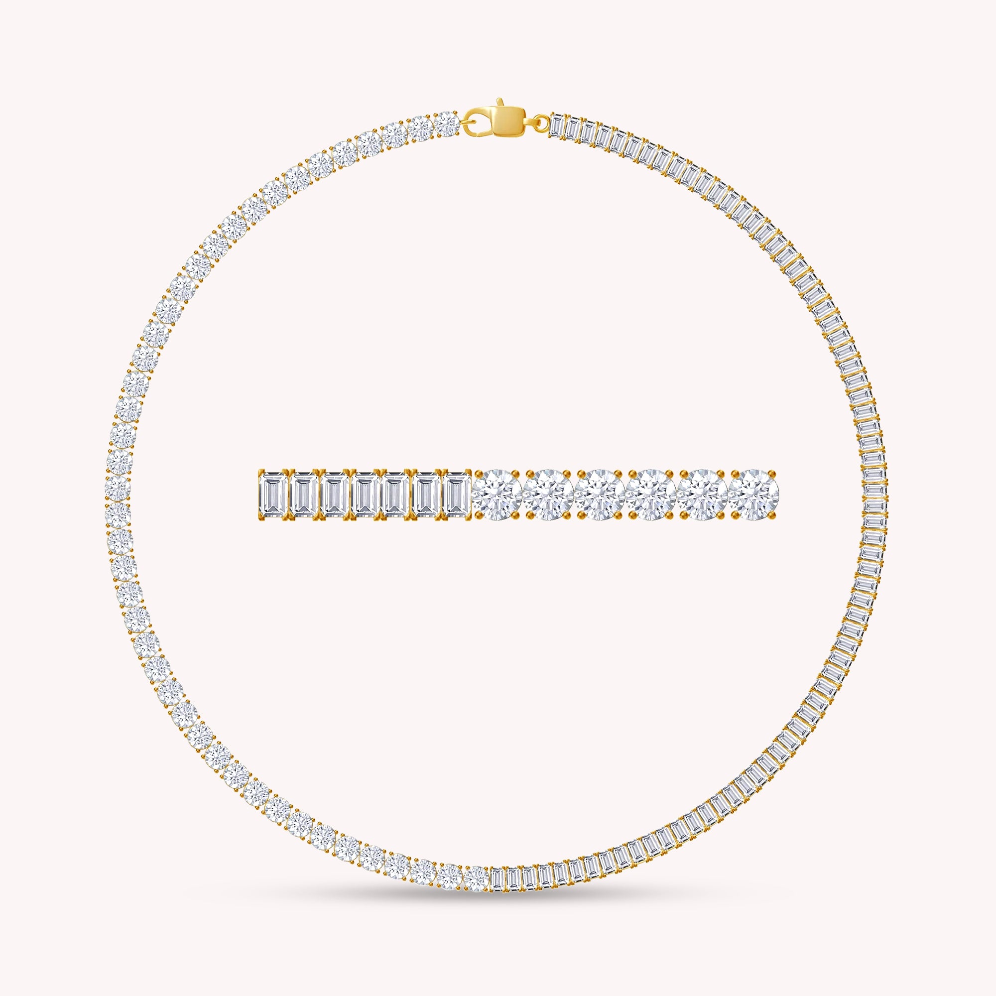 Half & Half Round And Baguette Shape White Cubic Zirconia Tennis Chain Necklace