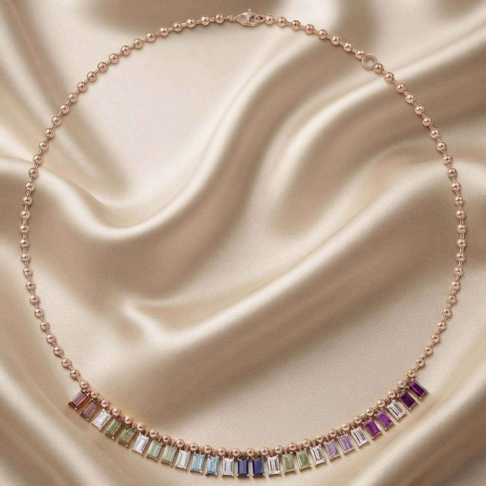 14.20 CTTW Emerald Cut Rainbow Station Bar Beaded Necklace