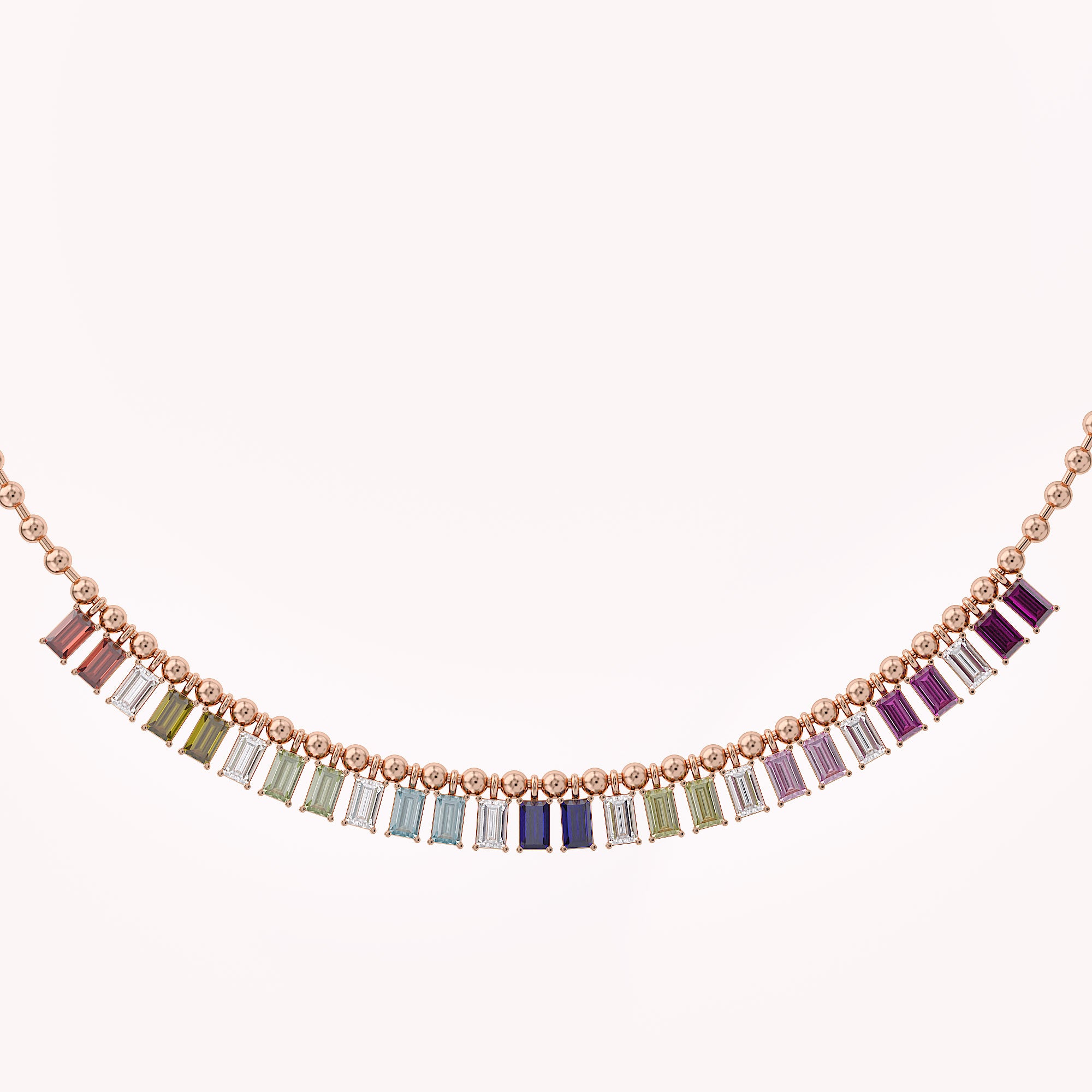 14.20 CTTW Emerald Cut Rainbow Station Bar Beaded Necklace