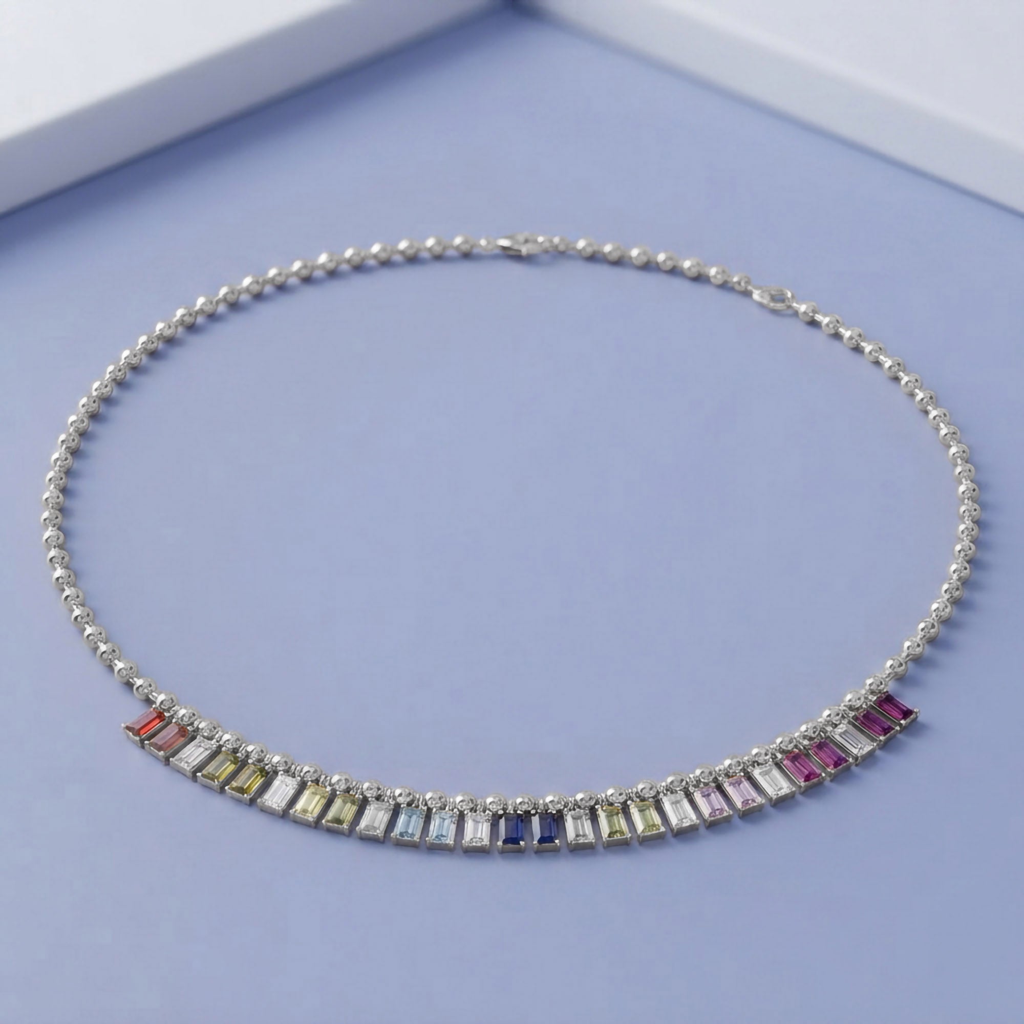 14.20 CTTW Emerald Cut Rainbow Station Bar Beaded Necklace