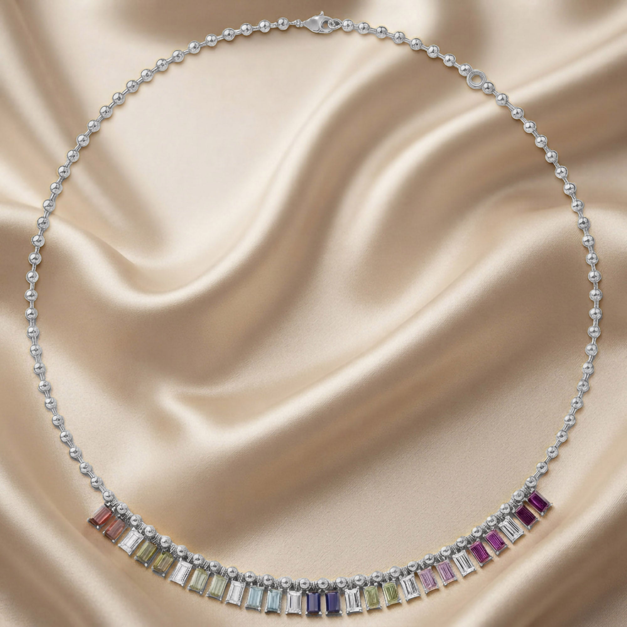 14.20 CTTW Emerald Cut Rainbow Station Bar Beaded Necklace