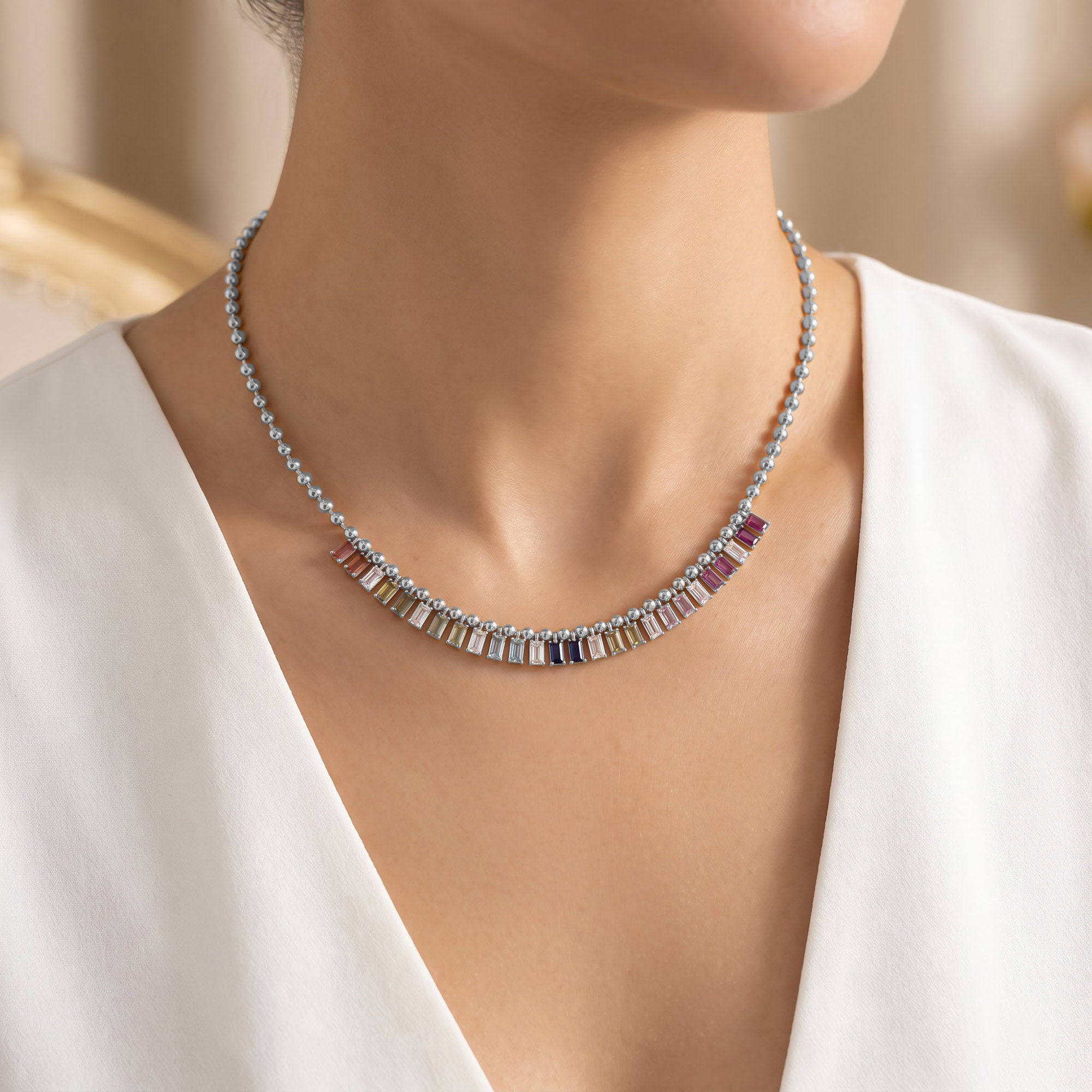 14.20 CTTW Emerald Cut Rainbow Station Bar Beaded Necklace