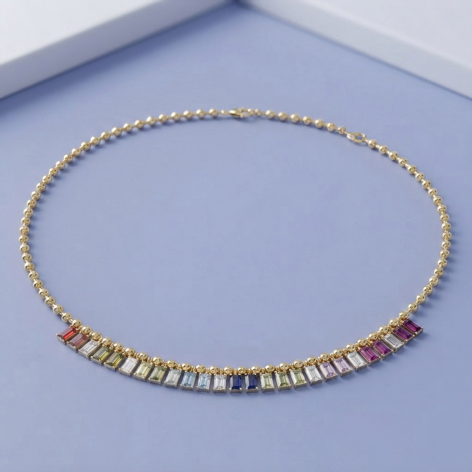 14.20 CTTW Emerald Cut Rainbow Station Bar Beaded Necklace