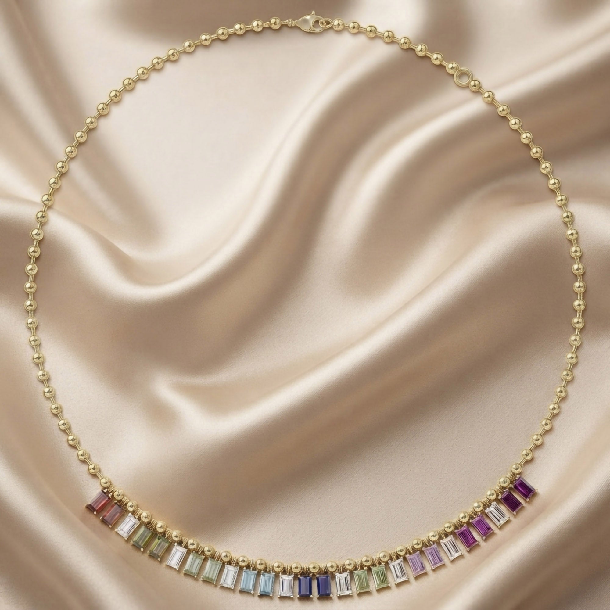 14.20 CTTW Emerald Cut Rainbow Station Bar Beaded Necklace
