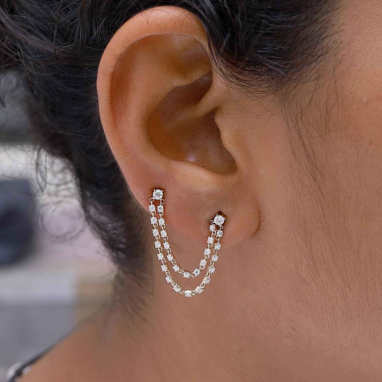 Double Piercing Dangle Chain Studs Earrings, 1.00 Carat Moissanite Drop Earrings In 14k Gold Over Sterling Silver