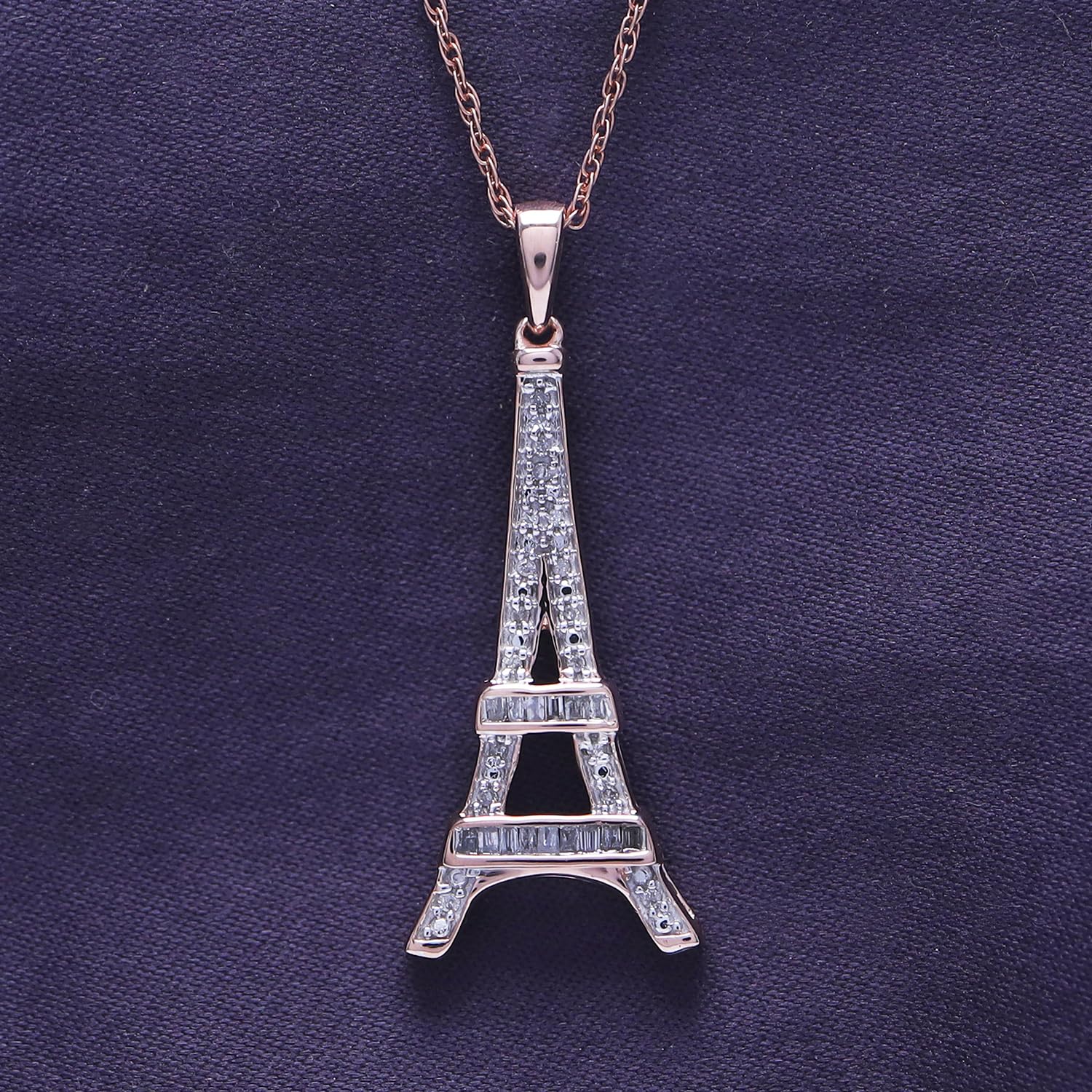 Round Natural Diamond Eiffel Tower Charm Pendant Necklace