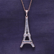 Round Natural Diamond Eiffel Tower Charm Pendant Necklace