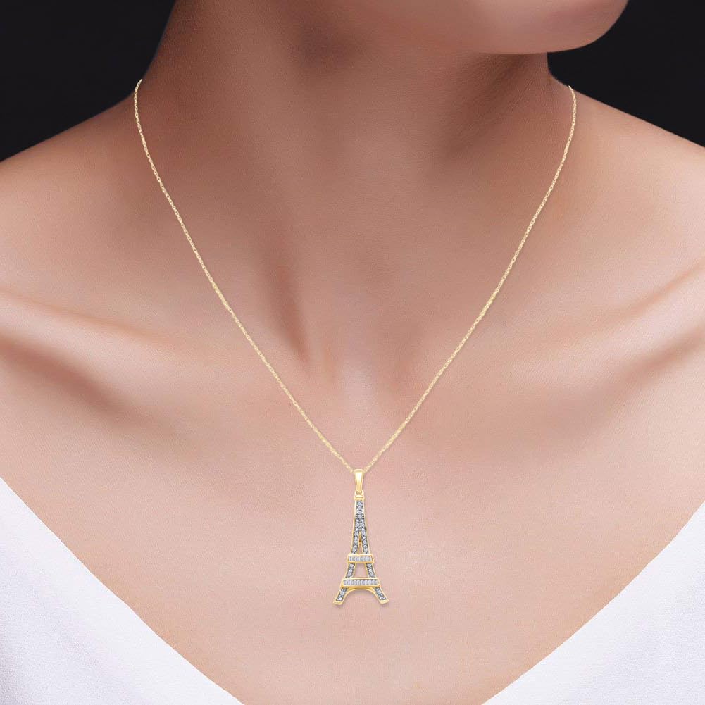 Round Natural Diamond Eiffel Tower Charm Pendant Necklace