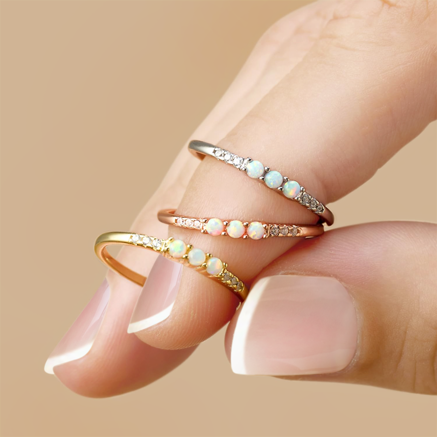 3 Stone Stackable Ring Simulated Opal & Cubic Zirconia