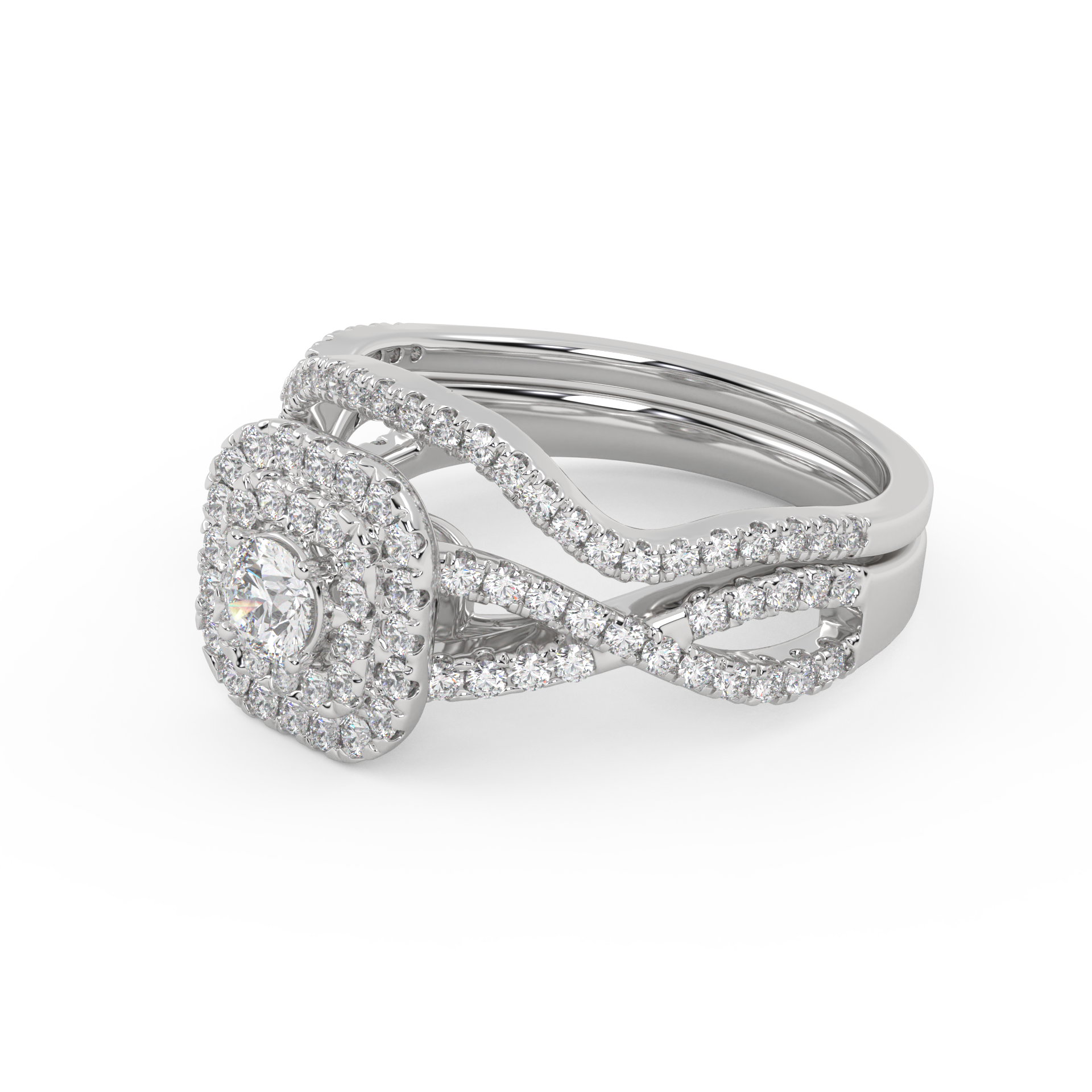 Round Cut 0.90 Carat Lab Grown Diamond Twisted Infinity Halo Solitaire Bridal Set Ring