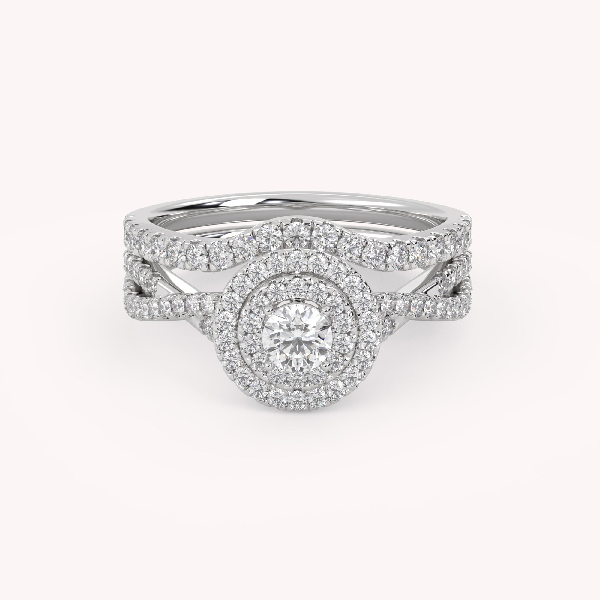 Round Cut 0.80 Carat Lab Grown Diamond Twisted Infinity Double Halo Solitaire Bridal Set Ring