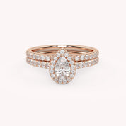 Pear Cut 0.80 Carat Lab Grown Diamond Half Eternity Teardrop Halo Solitaire Bridal Set Ring
