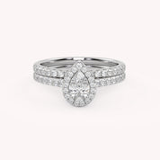 Pear Cut 0.80 Carat Lab Grown Diamond Half Eternity Teardrop Halo Solitaire Bridal Set Ring