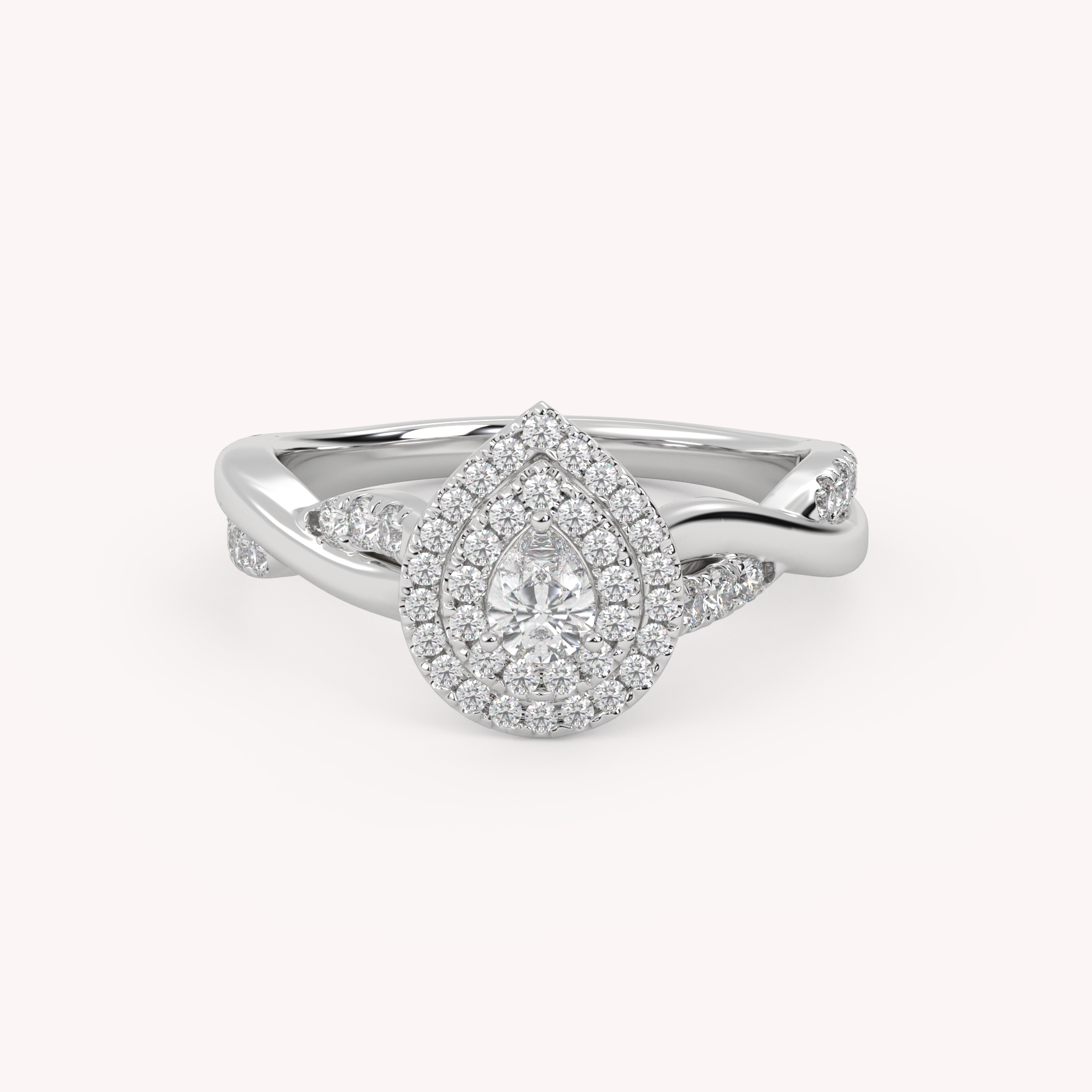 IGI Certified Pear Cut Twisted Teardrop Double Halo Engagement Ring