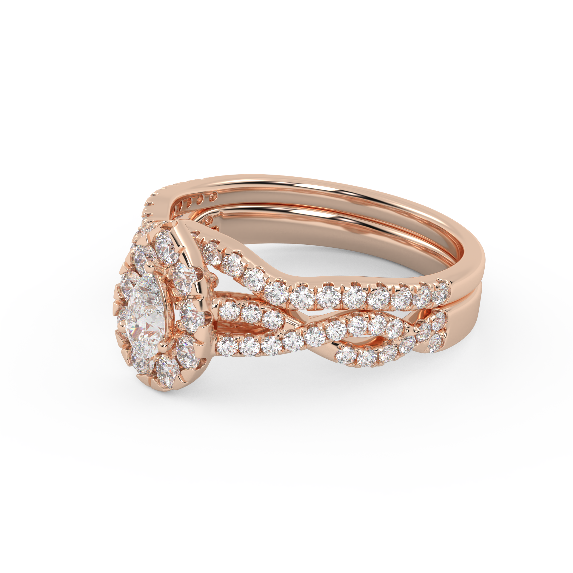 Pear Cut 1.00 Carat Lab Grown Diamond Twisted Infinity Halo Solitaire Bridal Set Ring