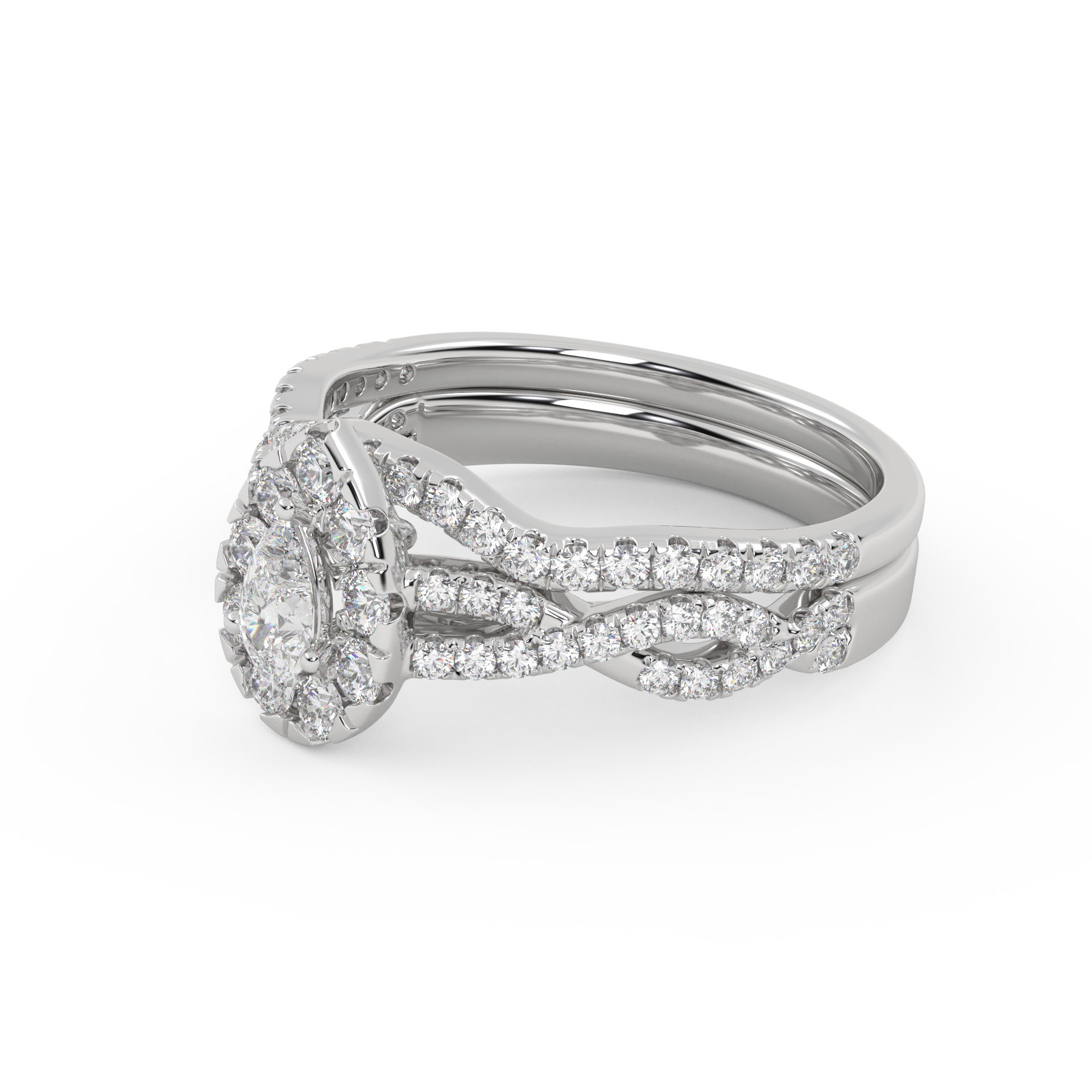 Pear Cut 1.00 Carat Lab Grown Diamond Twisted Infinity Halo Solitaire Bridal Set Ring