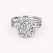 IGI Certified Pear Cut Split Shank Infinity Twisted Double Halo Bridal Set Ring