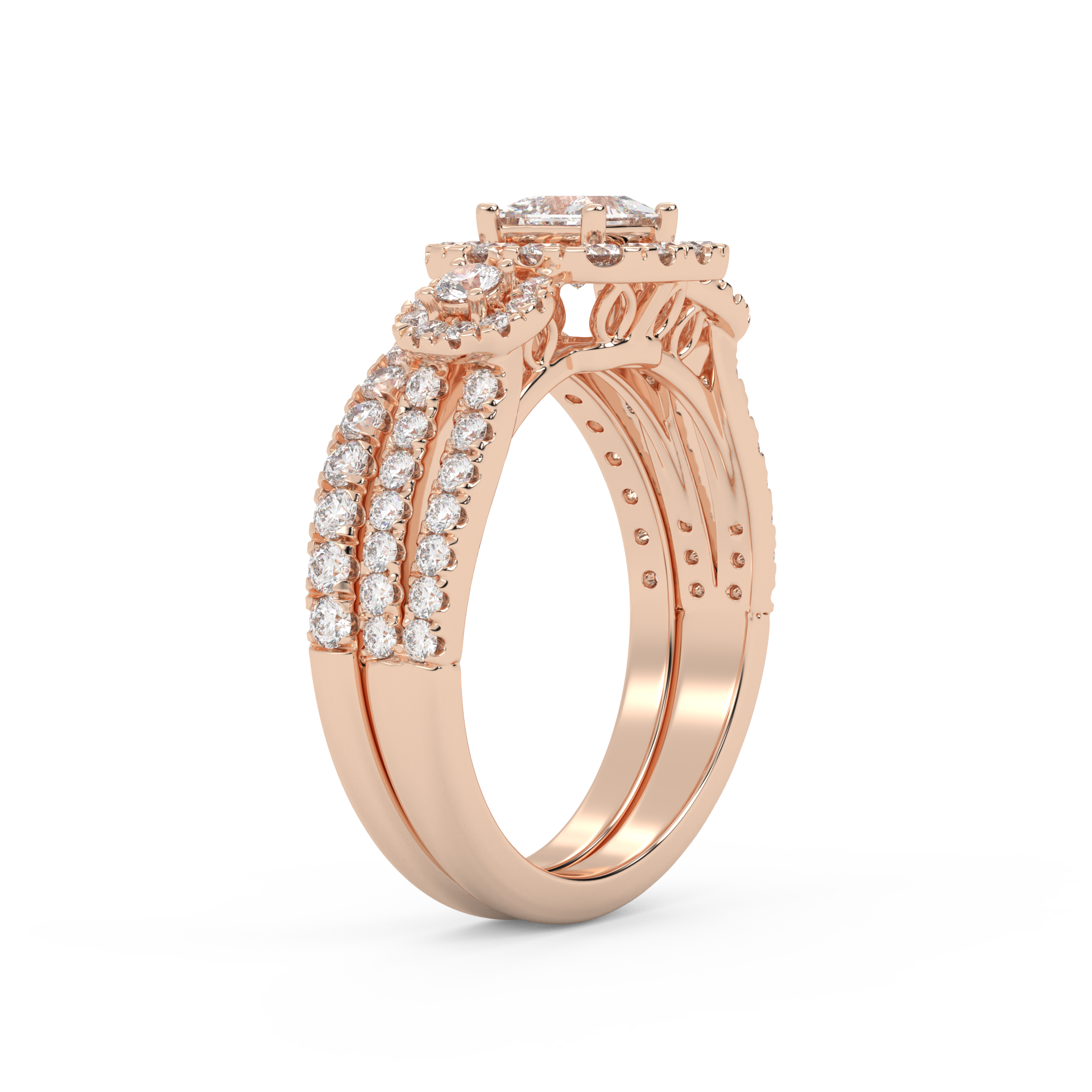 IGI Certified Princess Cut 3 Stone Halo Solitaire Bridal Set Ring