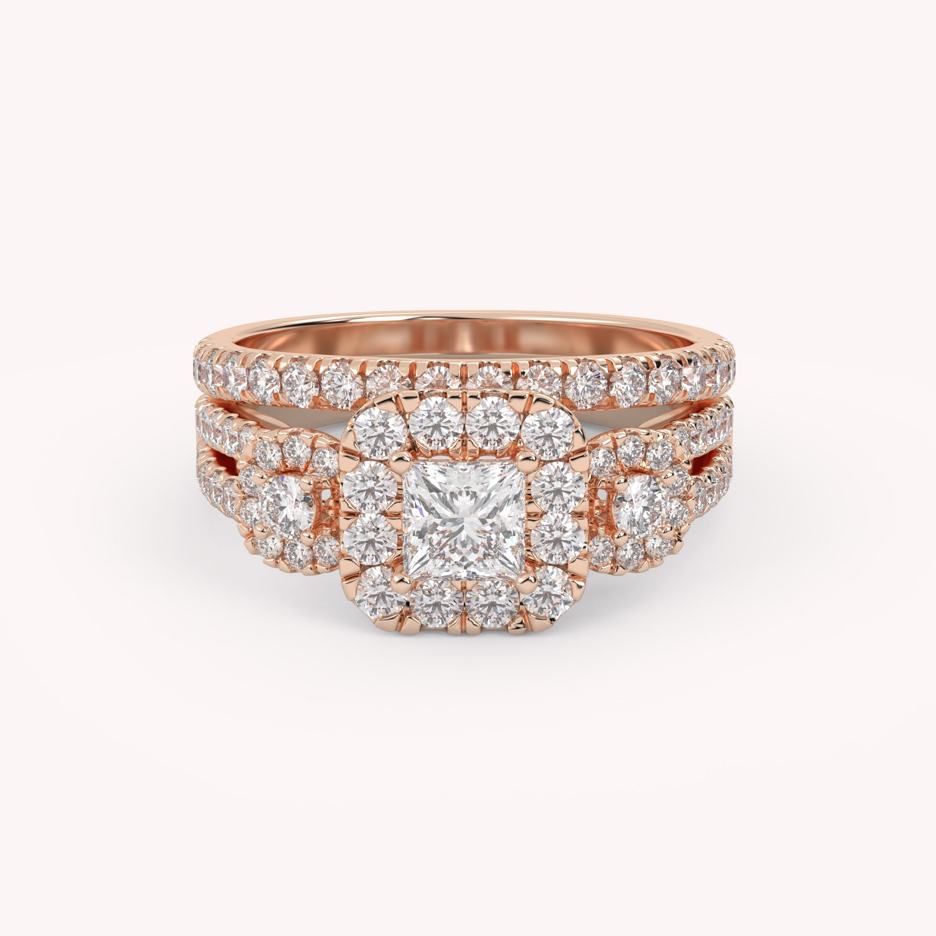 IGI Certified Princess Cut 3 Stone Halo Solitaire Bridal Set Ring