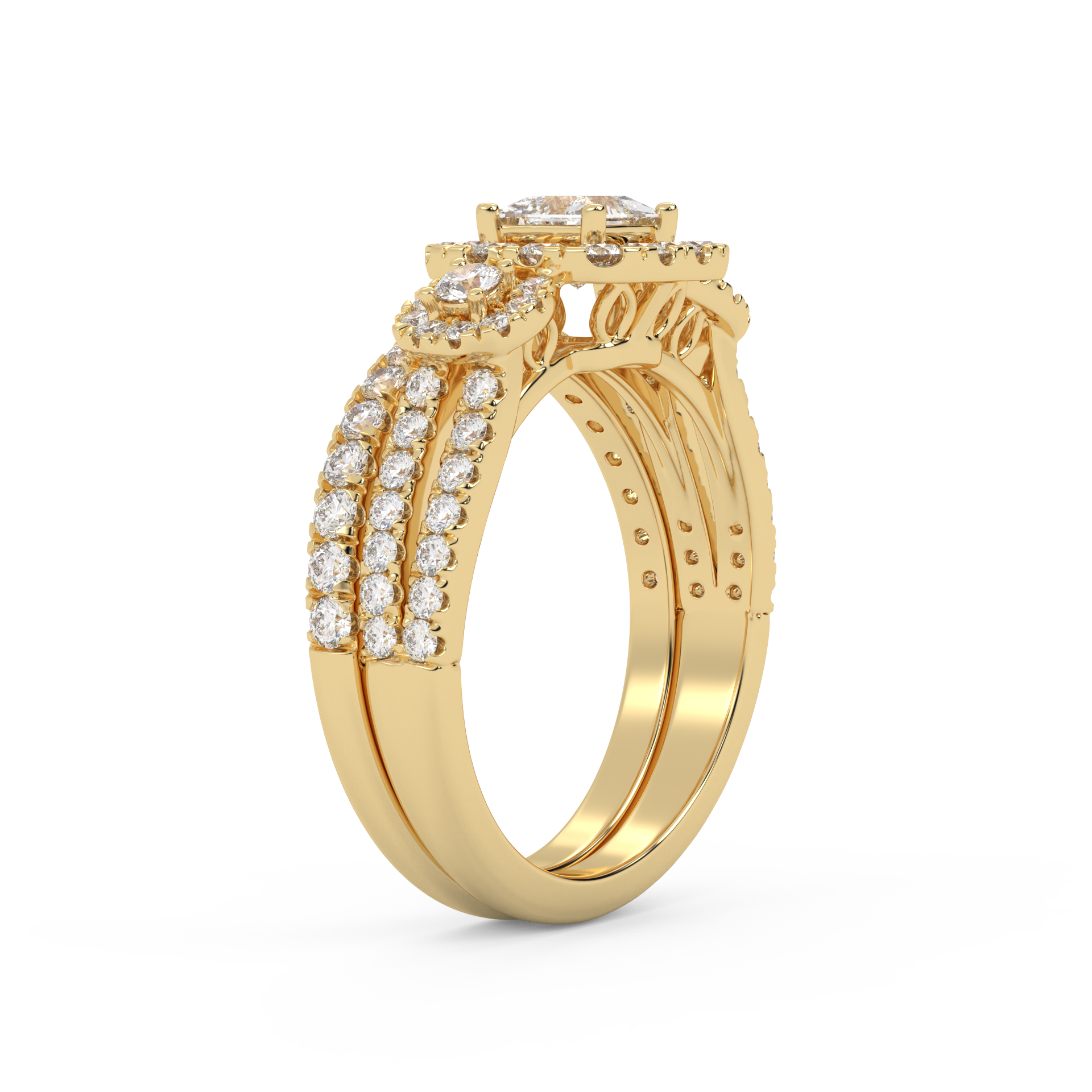 IGI Certified Princess Cut 3 Stone Halo Solitaire Bridal Set Ring