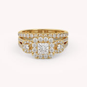 IGI Certified Princess Cut 3 Stone Halo Solitaire Bridal Set Ring