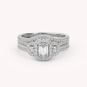 IGI Certified Three Stone Halo Bridal Set Ring