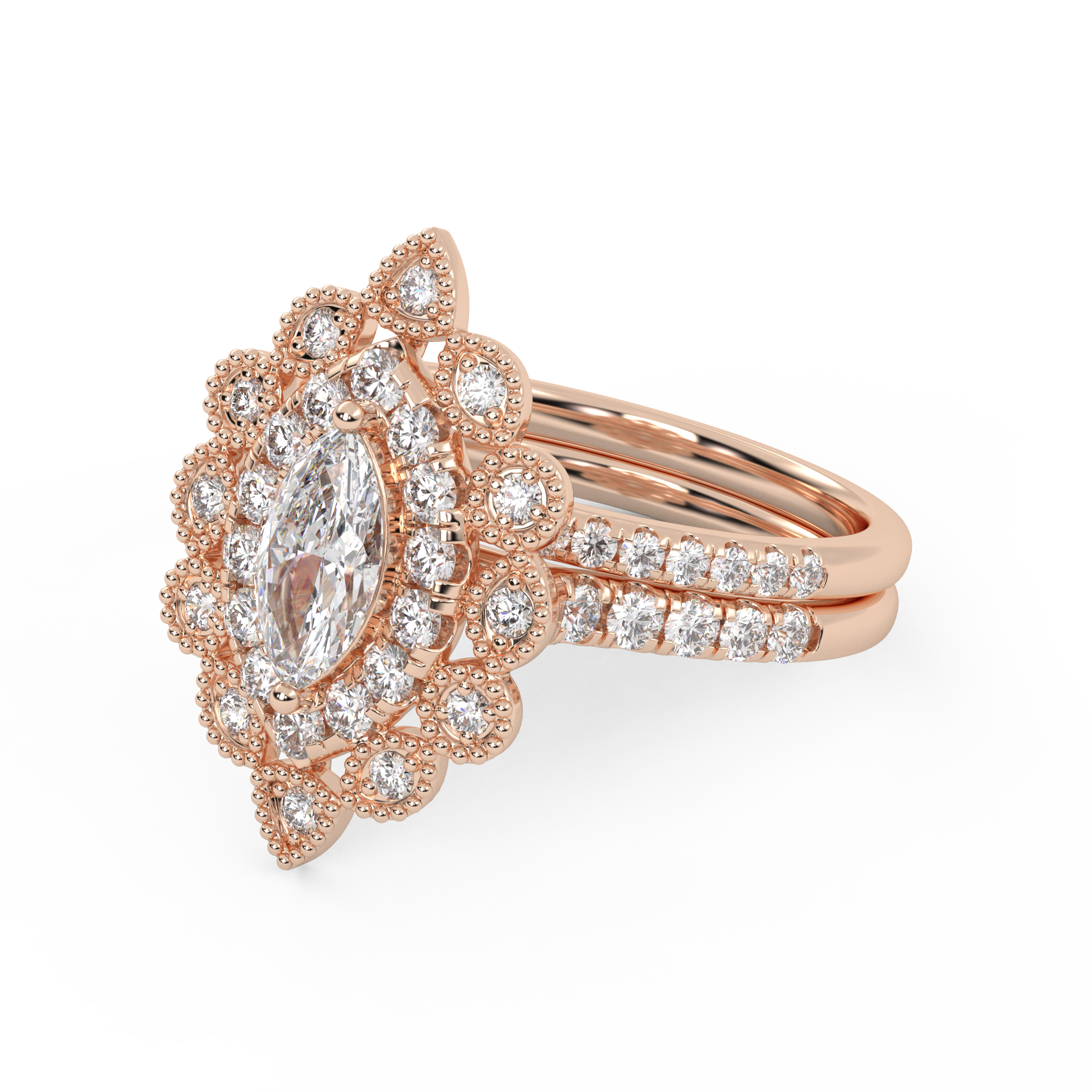 IGI Certified Marquise Halo Beaded Bridal Set Ring