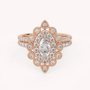 IGI Certified Marquise Halo Beaded Bridal Set Ring