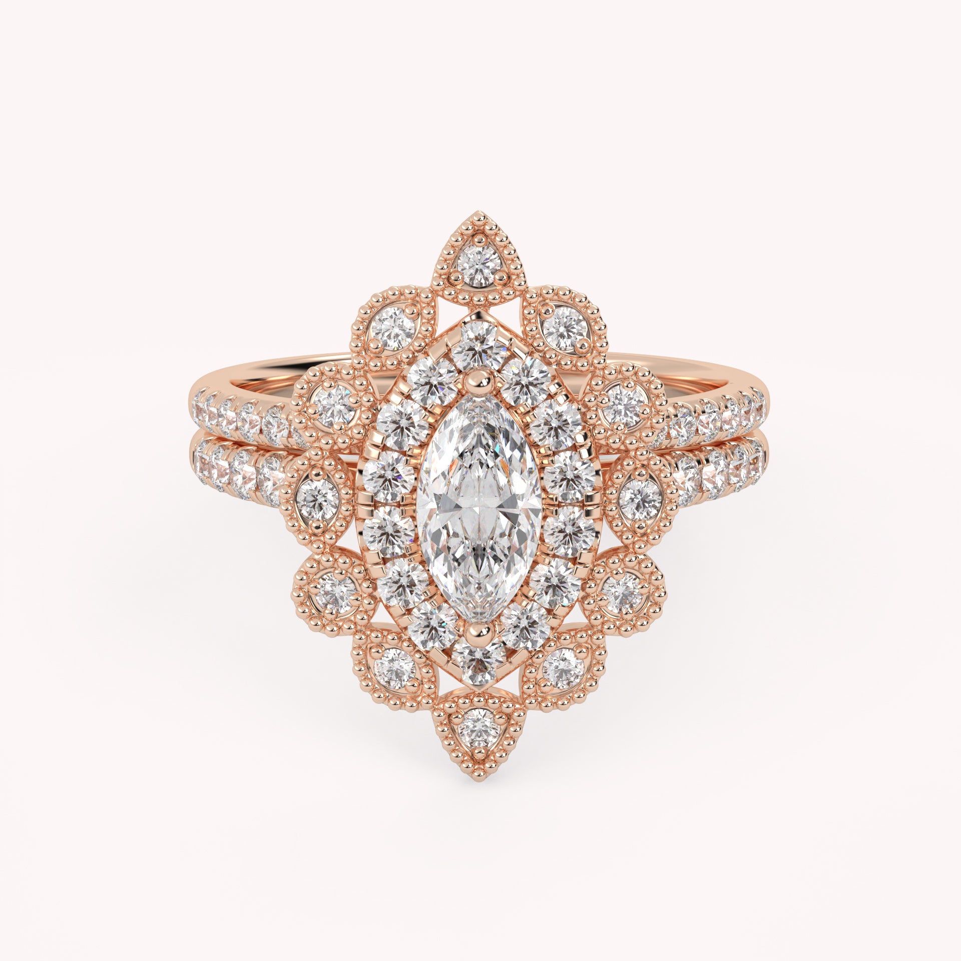 IGI Certified Marquise Halo Beaded Bridal Set Ring