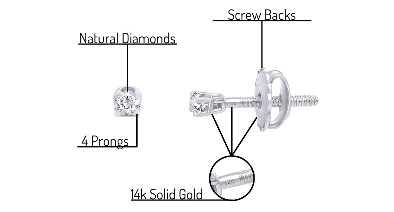 0.04 to 0.25 Carat Round Cut Natural Diamond Stud Screw Back Earrings in 14k Solid Gold Jewelry