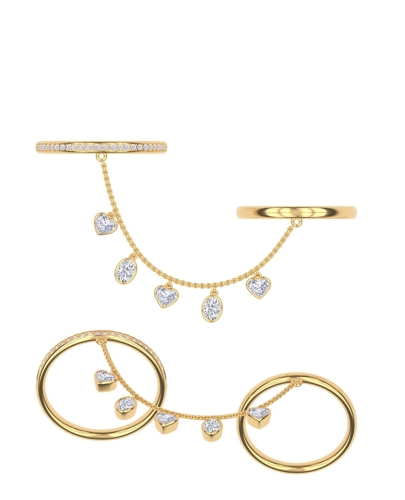 Right Hand Two Finger Chain Multi Shape Ring