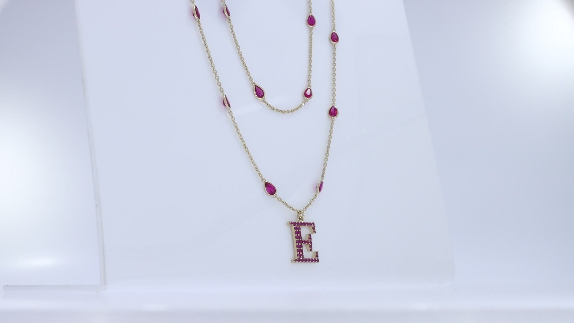 Personalized Initial Letter E Two Layer Station Necklace In Ruby Lab Grown Gemstone