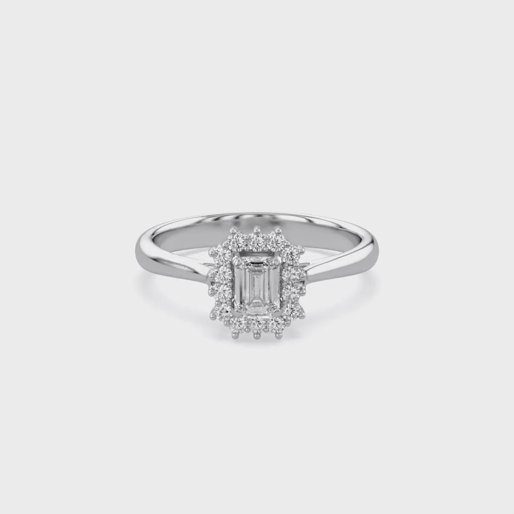 Halo Cluster Engagement Ring Emerald and Round Lab Grown Diamond