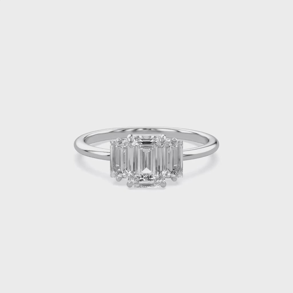 Three Stone Engagement Ring Emerald and Baguette Lab Grown Diamond