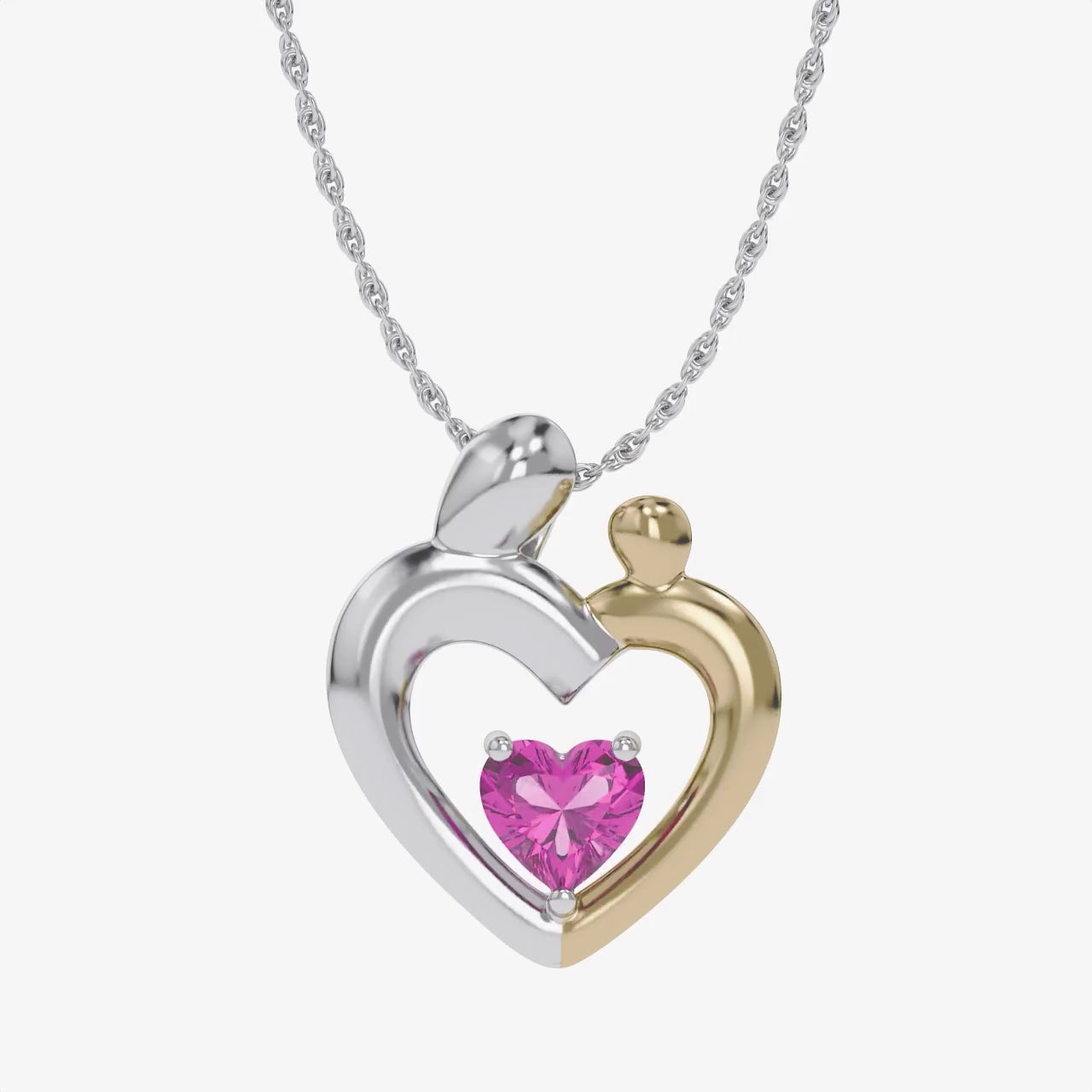 Two Tone Mom And Child Heart Pendant Necklace Sterling Silver