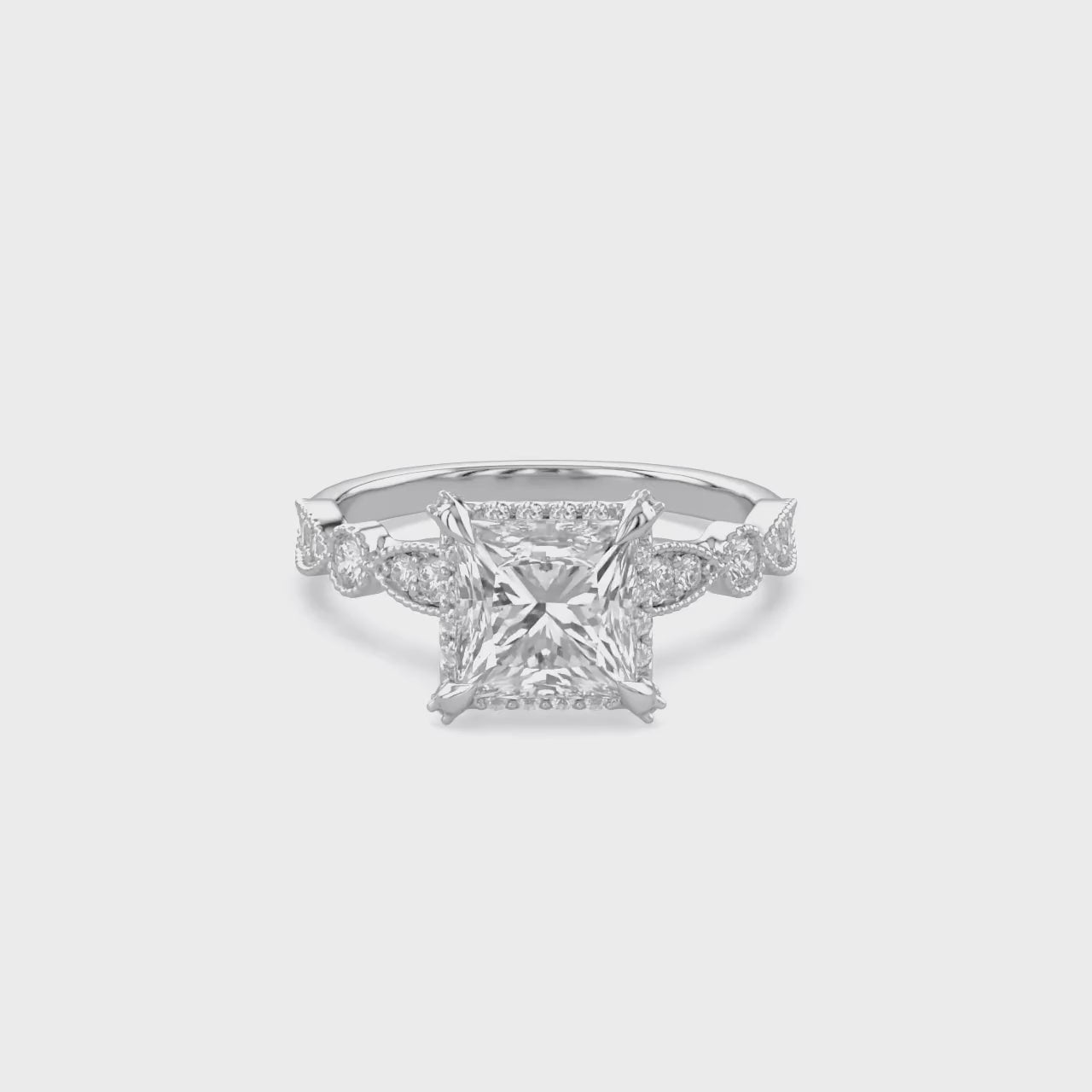 Princess Hidden Halo Solitare Lab Grown Diamond Beaded Engagement Ring