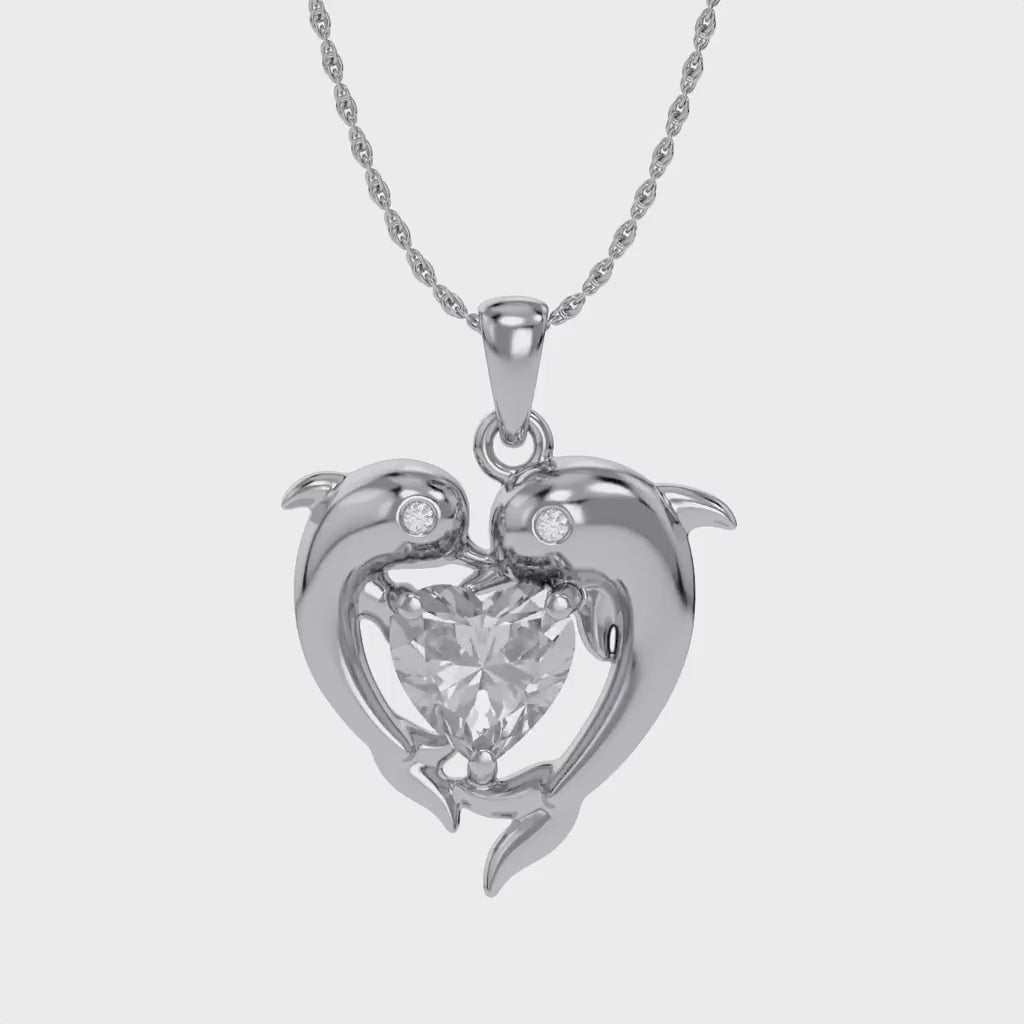 Mother And Child Dolphin Heart Pendant Necklace Sterling Silver