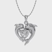 Mother And Child Dolphin Heart Pendant Necklace Sterling Silver