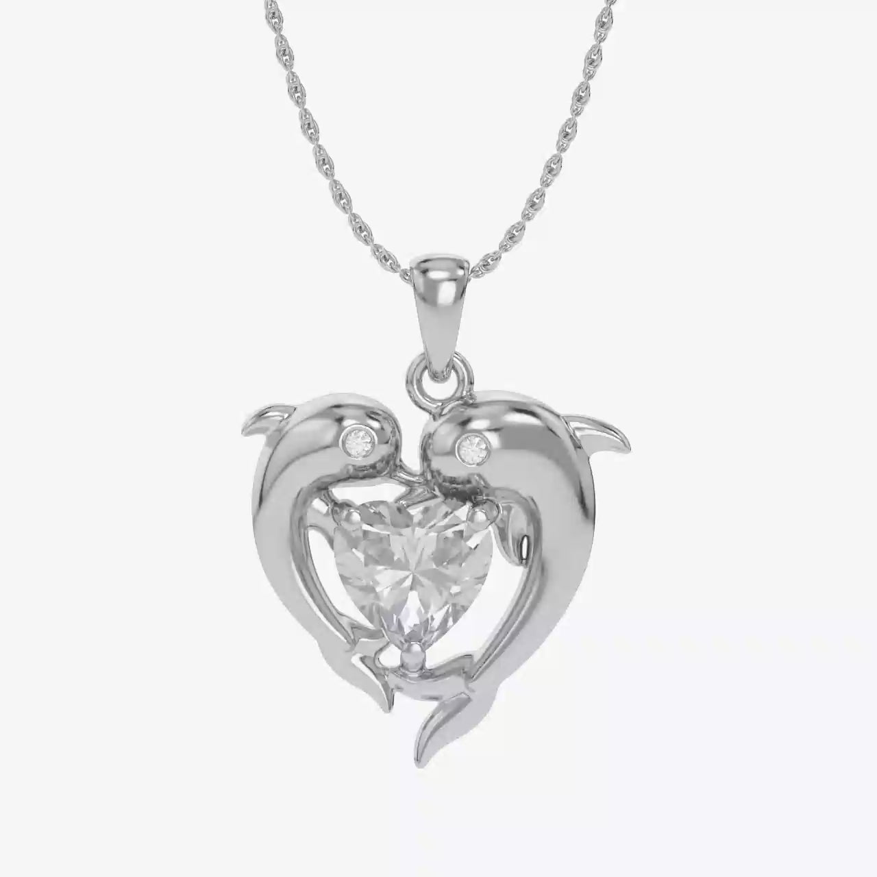 Mother And Child Dolphin Heart Pendant Necklace Sterling Silver