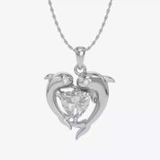 Mother And Child Dolphin Heart Pendant Necklace Sterling Silver