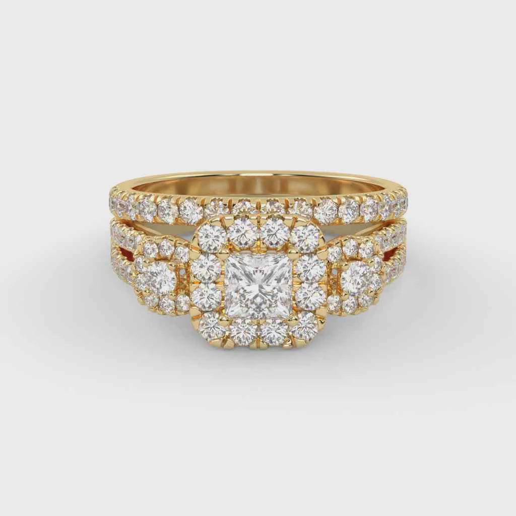 IGI Certified Princess Cut 3 Stone Halo Solitaire Bridal Set Ring