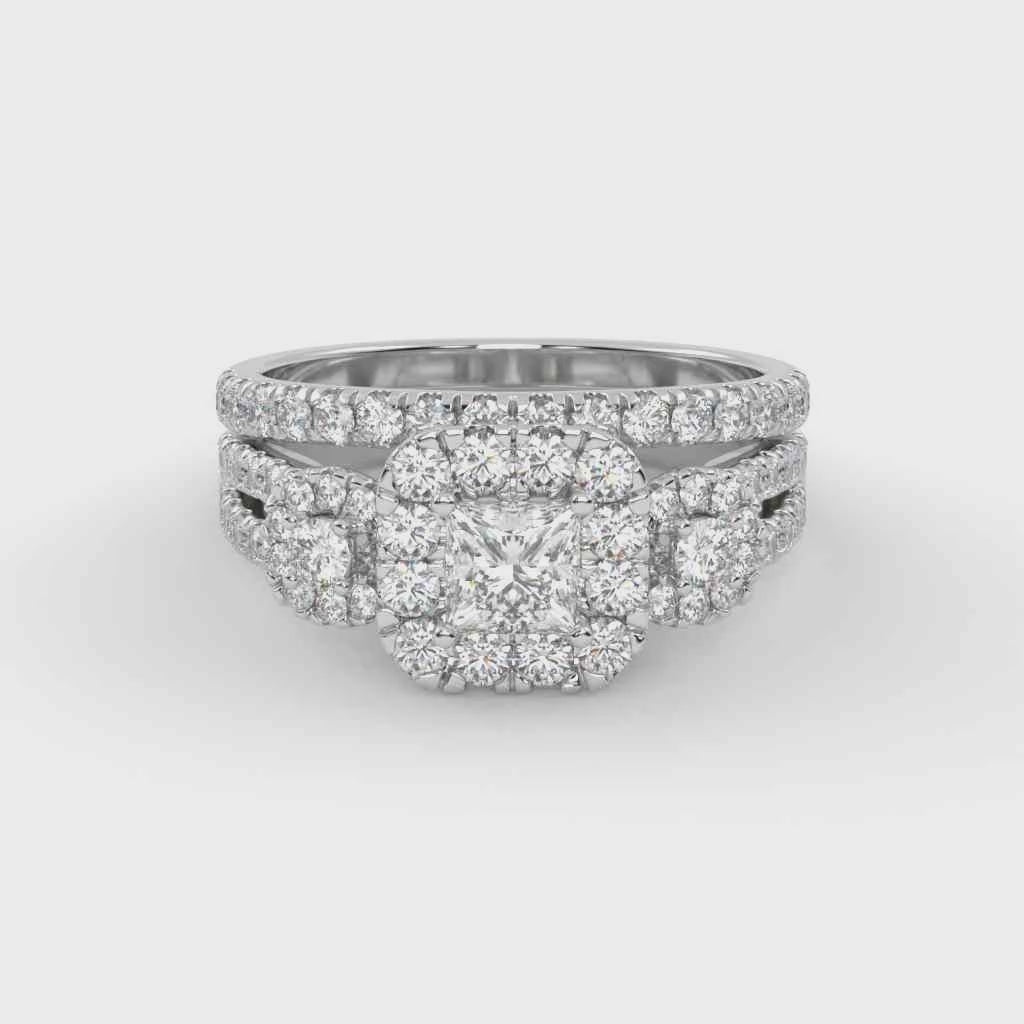 IGI Certified Princess Cut 3 Stone Halo Solitaire Bridal Set Ring