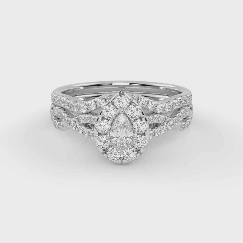Pear Cut 1.00 Carat Lab Grown Diamond Twisted Infinity Halo Solitaire Bridal Set Ring